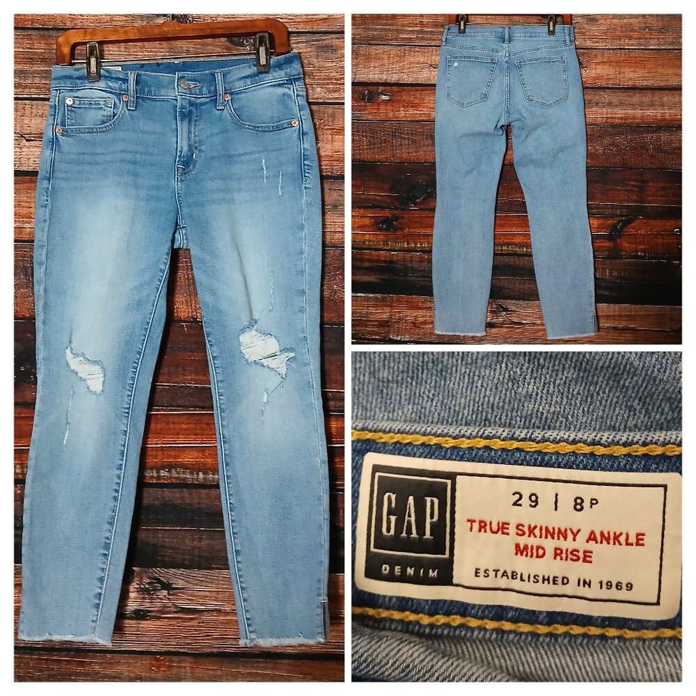 GAP Jeans 29 8 Petite True Skinny Ankle Mid Rise Light Denim Distressed Stretch